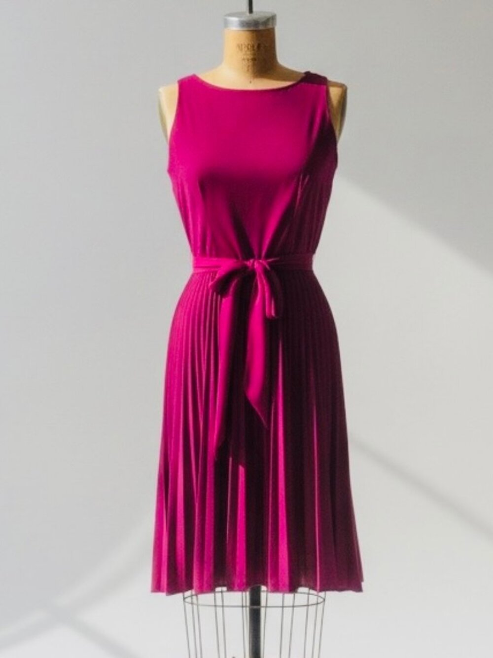 Vintage 80s 90s Fuchsia Pleated Midi Dress Belted Disco Glam Party Dress S